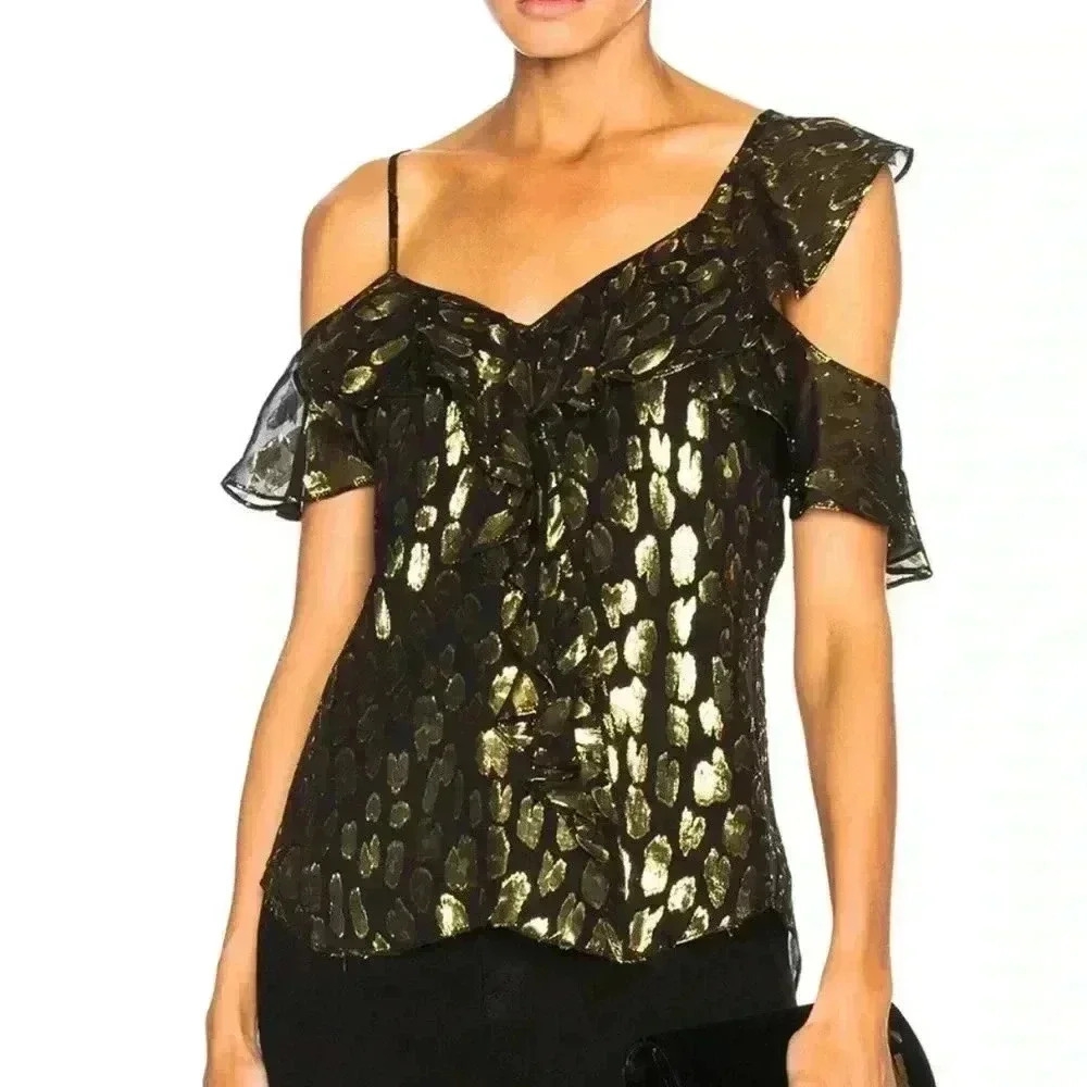 Veronica Beard Benton Cold Shoulder Silk Metallic Top Size 10